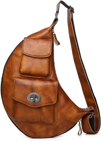 KPYWZER Genuine Leather Sling Bag for Men Women Crossbody Purse Chest Bag Shoulder Backpack Motorcycle Pack Satchel Casual Hiking Travel Daypack