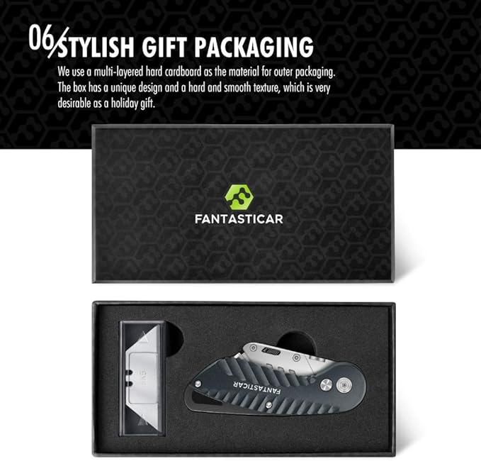 FantastiCAR Folding Utility Knife, Quick Blade Change Box Cutter, Anti-slip Metal Body, with Safety Lock and 5 Extra Blades (Grey)