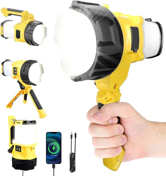 3-in-1 Rechargeable Spotlight with Adjustable Handle, IP65 Waterproof Handheld LED Flashlight Searchlight Work Light, 4400mAh Power Bank, 6 Light Modes for Emergency Hurricane Outdoor Hiking Camping