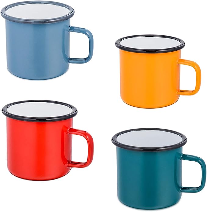 E-far Coffee Mug, 12 Ounce Enamel Coffee Tea Camping Cup Mugs, Red/Yellow/Blue/Green, Healthy & Bright Colors - Set of 4