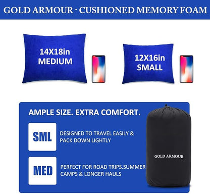 Gold Armour Camping Pillow - Backpacking and Travel Pillow for Sleeping and Traveling - Compressible Memory Foam Travel Pillow - Essential Camping Accessories Gear (Small 12 x 16in, Blue)