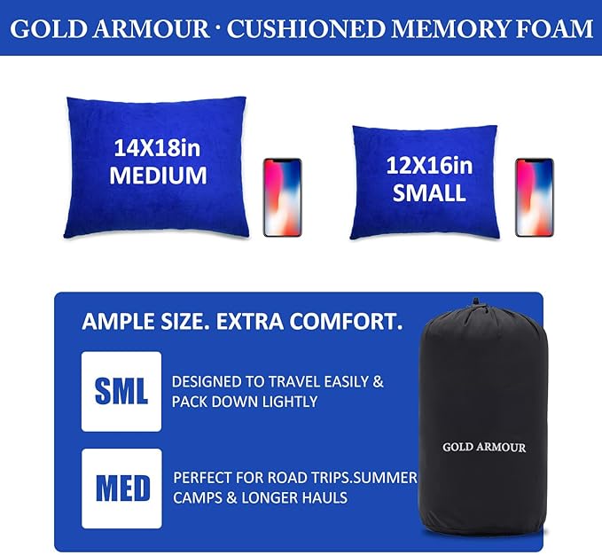 Gold Armour Camping Pillow - Backpacking and Travel Pillow for Sleeping and Traveling - Compressible Memory Foam Travel Pillow - Essential Camping Accessories Gear (Medium 14x18in, Blue)