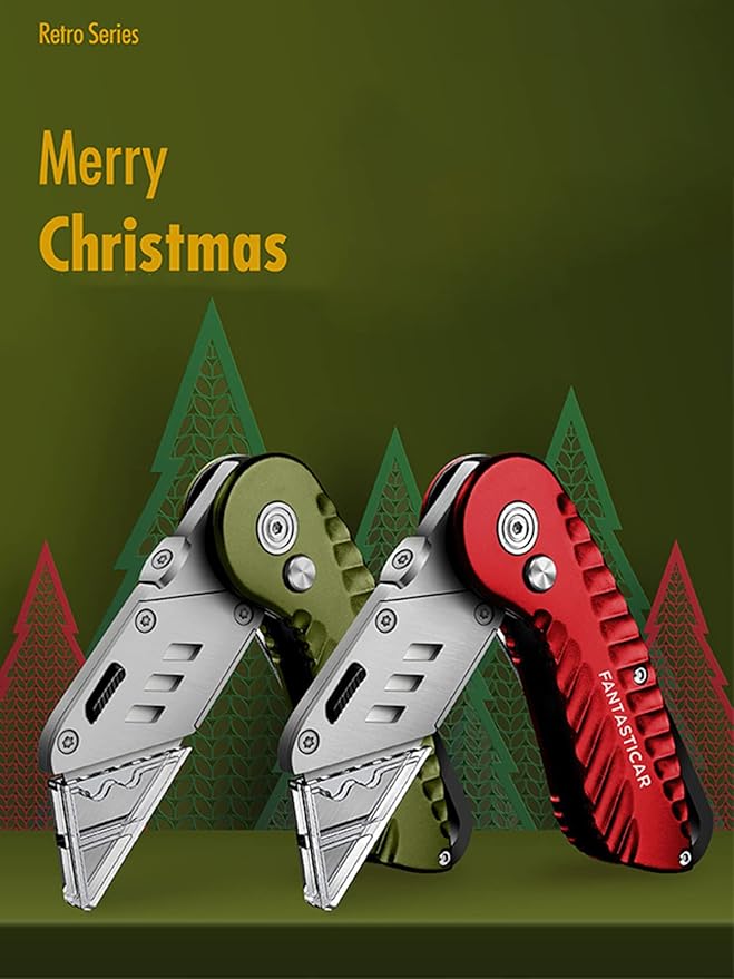 FantastiCAR Folding Utility Knife, Quick Blade Change Box Cutter, Anti-slip Metal Body, with Safety Lock and 5 Extra Blades (Retro Green)