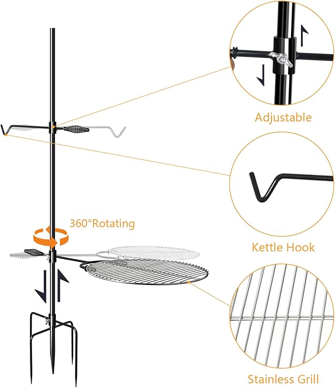 Campfire Grill Grate with Keetle Hook, 360° Rotatable Swivel Campfire Fire Pit Grill Grate for Outdoor Camping BBQ, Cooking