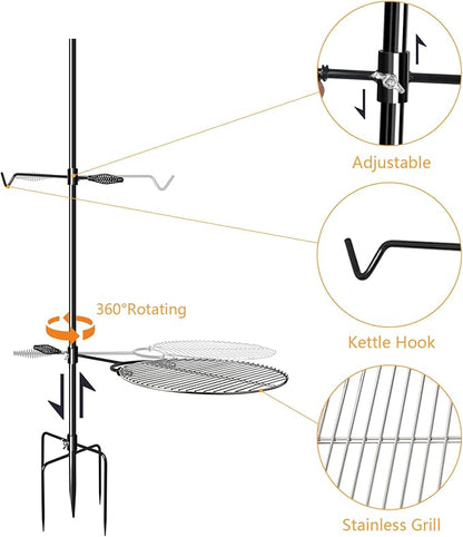 Campfire Grill Grate with Keetle Hook, 360° Rotatable Swivel Campfire Fire Pit Grill Grate for Outdoor Camping BBQ, Cooking