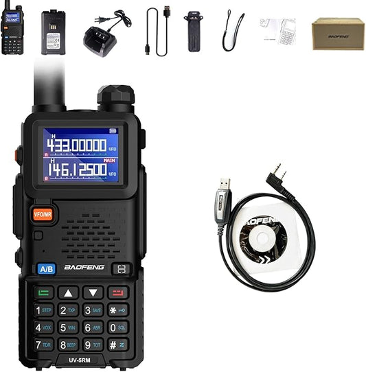 BAOFENG UV-5RM Two Way Radio Multi-Band Long Range Walkie Talkie NOAA USB-C Charging Upgrade of UV-5R Ham Radio Air Band 1.77in LCD Screen with Programming Cable