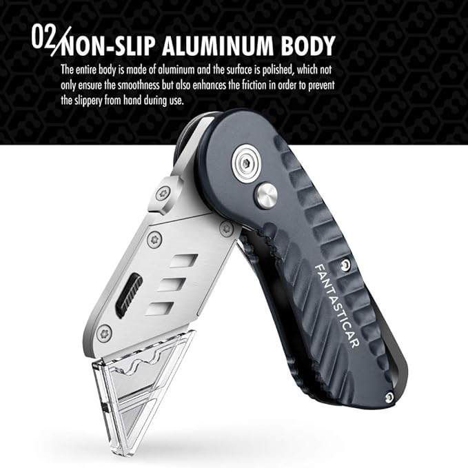 FantastiCAR Folding Utility Knife, Quick Blade Change Box Cutter, Anti-slip Metal Body, with Safety Lock and 5 Extra Blades (Grey)