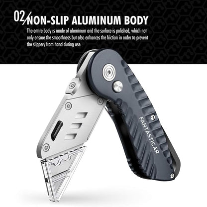 FantastiCAR Folding Utility Knife, Quick Blade Change Box Cutter, Anti-slip Metal Body, with Safety Lock and 5 Extra Blades (Grey)