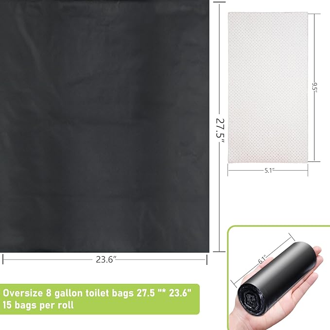 60 portable toilet bags with 30 commode absorbent pads,8 Gallon camping toilet waste bags for 5 gallon bucket,1mil bildegradable porta potty luggable loobags for adults travel
