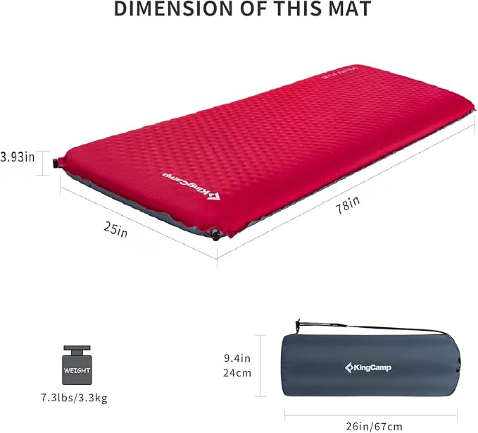 KingCamp Self Inflating Camping Sleeping Pad for Camping, 3.93 Thick Foam Air Mattress Camping Mat for Hiking,Travel, Tent, Red/Charcoal