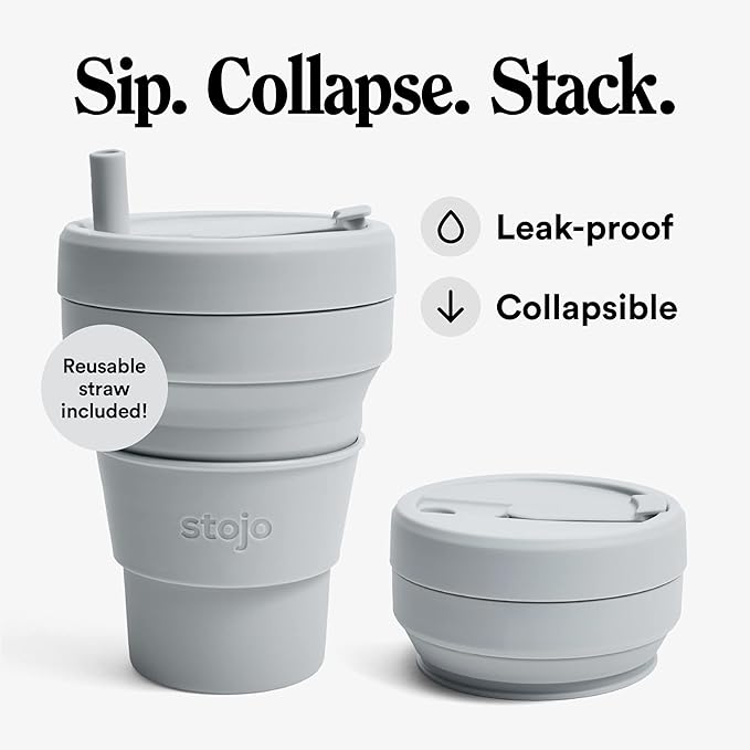 STOJO Titan Collapsible Travel Cup With Straw - Cashmere Gray, 24oz / 710ml - Reusable To-Go Pocket Size Silicone Cup for Hot & Cold Drinks - Camping and Hiking - Microwave & Dishwasher Safe