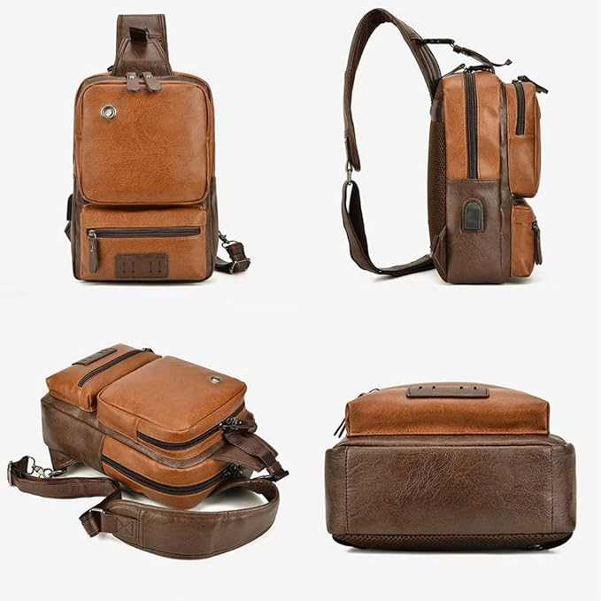 KPYWZER Leather Sling Bag Hiking Daypack for Men Women Outdoor Travel Camping Fishing Crossbody Shoulder Chest Pack Backpack Daypack Brown