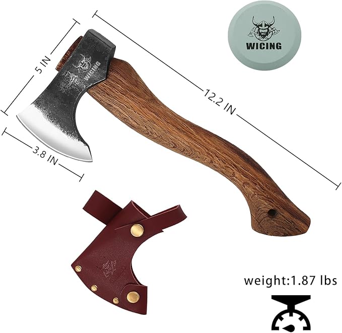 12.2 in Hatchet Axe, Bushcraft Hatchet, 1065 High Manganese Steel and Beech Wood Handle with Leather Sheath Small Camping Hatchet for Carving Bushcraft Outdoor