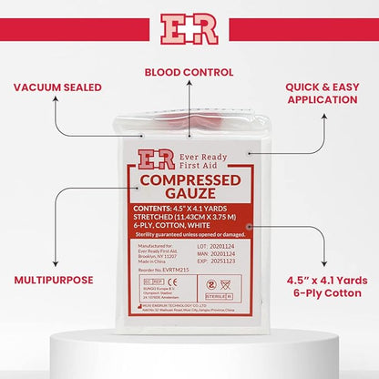 Ever Ready First Aid Compressed Sterile Gauze, 6-Ply Emergency Medical Dressing for First Aid Kits – 4.5” x 4.1 Yards - 10 Pack