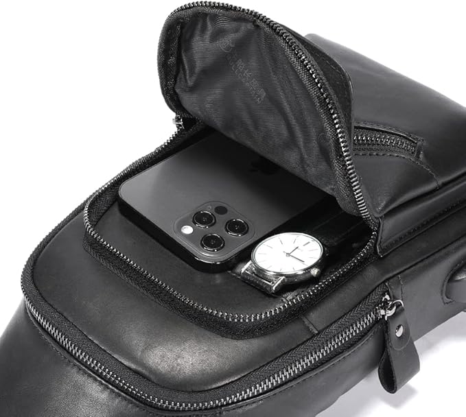KPYWZER Vintage Leather Sling Bag Backpack for Men Crossbody Shoulder Chest Day Pack Backpacks Black