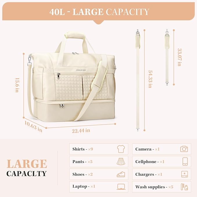Maelstrom Gym Bag for Women,40L Travel Duffel Bag with Shoes Compartment and Wet Pocket,Waterproof Carry On Weekender Bag,Sport Gym Tote Bags Swimming Yoga, Hospital Holdalls-Beige