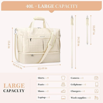 Maelstrom Gym Bag for Women,40L Travel Duffel Bag with Shoes Compartment and Wet Pocket,Waterproof Carry On Weekender Bag,Sport Gym Tote Bags Swimming Yoga, Hospital Holdalls-Beige
