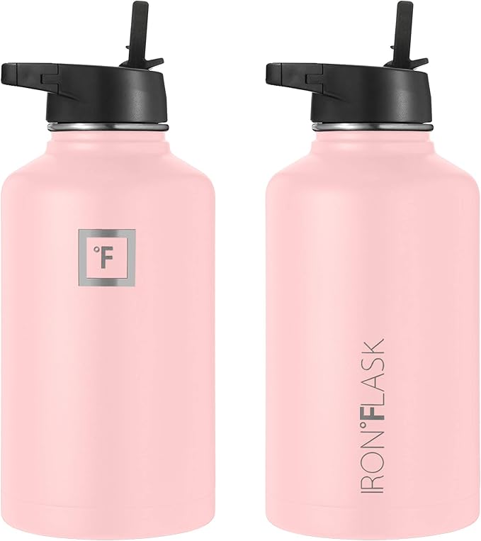 IRON °FLASK Camping & Hiking Hydration Flask, Wide Mouth, 3 Straw Lids, Stainless Steel Outdoor Water Bottle, Double Walled, Insulated Thermos, Metal Canteen - Rose, 64 Oz