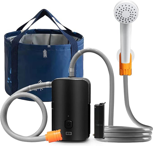 Portable Outdoor Shower, 4400 mAh Removable Rechargeable Battery, with LED Light, Battery Powered Shower Pump+Collapsible Bucket, Suitable for Hiking/Backpacking, Camping, Travel, Beach, Pet