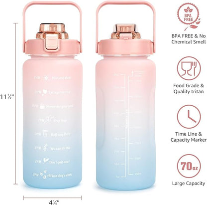 64oz Half Gallon Water Bottle With Sleeve, Water Bottles with Time Marker/Straw/Chug One Lids, Leakproof Tritan BPA Free Reusable Water Jug Easy Carry for Adult and Kids Gym Sports Outdoors