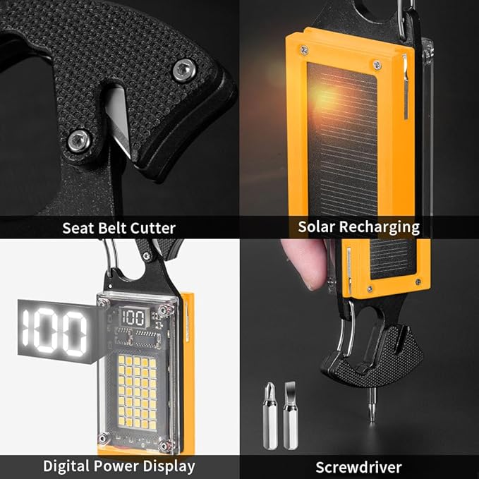LED Multitool Small Flashlight, Keychain Light, Solar Rechargeable COB Multi-Function Mini Work Light, 1000 Lumens Rechargeable, 8 Lighting Modes Yellow
