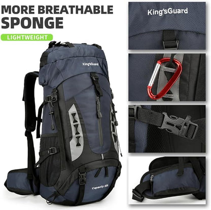 60L Hiking Backpack Large Waterproof Camping Backpack for Men and Women Lightweight Frameless Backpacking Backpack with Rain Cover (Navy Blue)