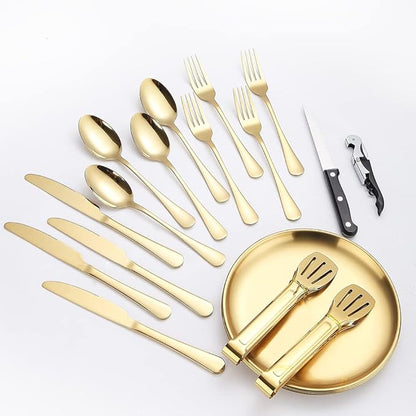 Picnic Dishes Utensils Gold Camping Flatware Set for 4 Portable Tableware Plates Silverware Forks Spoons Knives Bottle Opener Food Tongs Complete Kit with Zipper Bag