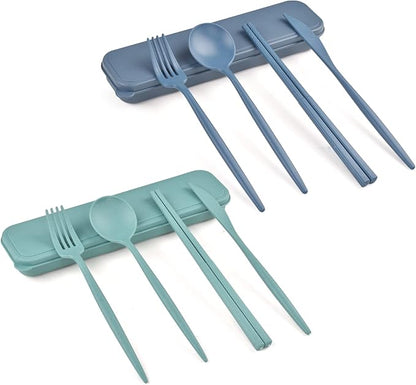 Reusable Utensils Set with Case, 2 Sets Travel Utensils with Case, Camping Utensil Set Portable Utensils Set for Lunch Box School Picnic Travel Camping or Daily Use (Green, Blue)
