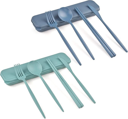 Reusable Utensils Set with Case, 2 Sets Travel Utensils with Case, Camping Utensil Set Portable Utensils Set for Lunch Box School Picnic Travel Camping or Daily Use (Green, Blue)