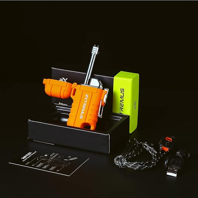 Extremus Blaze 360 Rechargeable Electric Lighters, Dual Arc Lighter, Windproof Plasma Lighter, Waterproof Lighter, Flameless Lighter with Whistle Lanyard for Camping (Orange Flex)