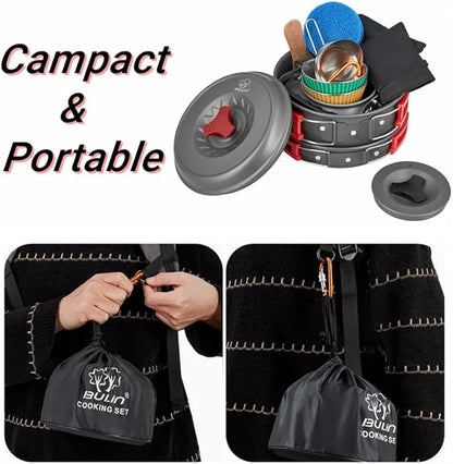 Bulin 24/13/11/8/4 PCS Camping Cookware Mess Kit Lightweight Backpacking Cooking Set Outdoor Cook Gear for Family Hiking, Picnic(Kettle, Pot, Frying Pan, Bowls, Plates, Spoon)