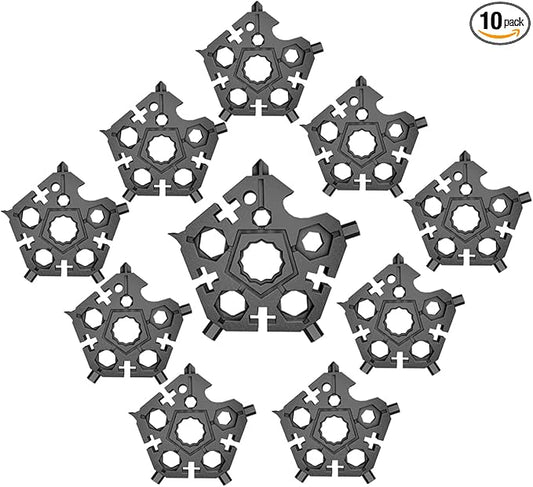 10 Pack The Pentagon Carbon Steel 23-in-1 Snowflake Multitool Screwdriver, 18 in 1 Multi Snow Tool Wrench New Upgrade (Black)