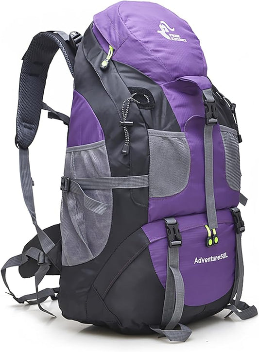 Bseash 50L Hiking Backpack, Water Resistant Lightweight Outdoor Sport Daypack Travel Bag for Camping Climbing Touring (Purple - No Shoe Compartment)