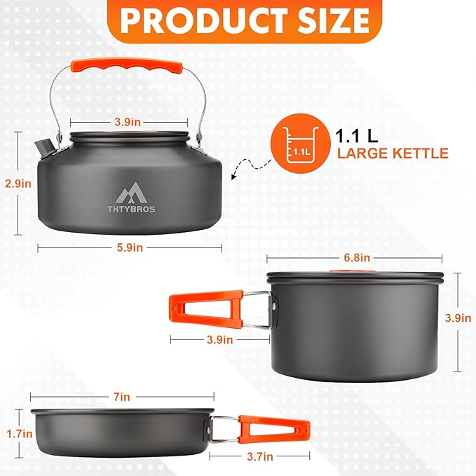 17pcs Camping Cookware Mess Kit, Non-Stick Pot Pan 1.1L Kettle Set with 2 set Stainless Steel Cups Plates Forks Knives Spoons for Hiking,Camping,Backpacking,Outdoor Cooking and Picnic