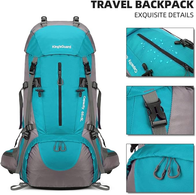 King'sGuard 70L Hiking Backpack Large Lightweight Waterproof Camping Backpack Travel Backpacking Backpack Daypack with Rain Cover -Frameless (Lake Blue)