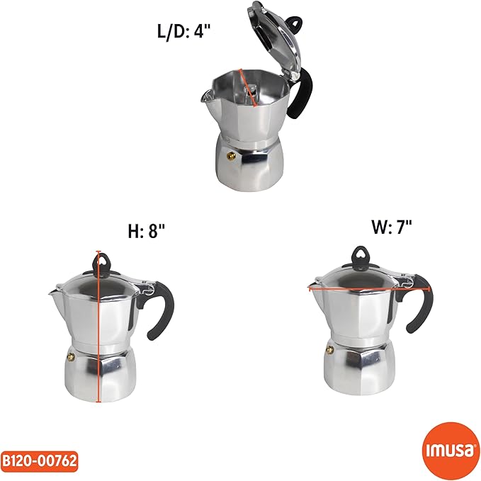 Imusa 6 Cup Stovetop Espresso Maker with Heart Shaped Knob, Silver
