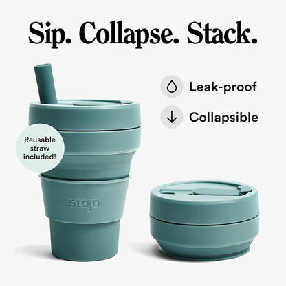 STOJO Collapsible Travel Cup With Straw- Eucalyptus, 16oz / 470ml - Reusable To-Go Pocket Size Silicone Cup for Hot and Cold Drinks - Perfect for Camping and Hiking - Microwave & Dishwasher Safe