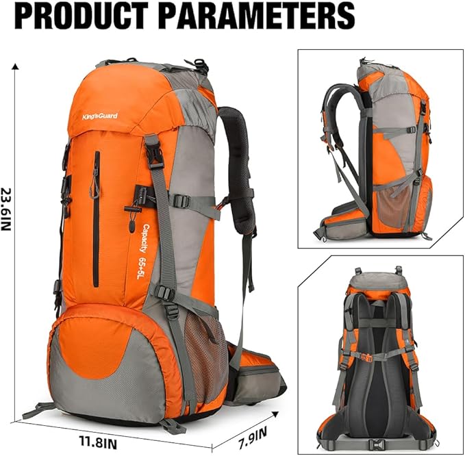 King'sGuard 70L Hiking Backpack Waterproof Camping Backpack with Rain Cover Large Lightweight Backpacking Backpack Daypack for Travel Outdoor -Frameless (Orange)