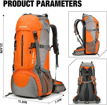 King'sGuard 70L Hiking Backpack Waterproof Camping Backpack with Rain Cover Large Lightweight Backpacking Backpack Daypack for Travel Outdoor -Frameless (Orange)