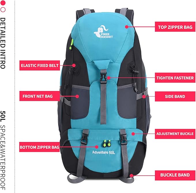 Bseash 50L Hiking Backpack, Water Resistant Lightweight Outdoor Sport Daypack Travel Bag for Camping Climbing Touring (Lake Green - No Shoe Compartment)
