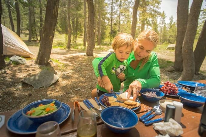 GSI Outdoors Camp Table Set for 4 I Includes Enamel Pioneer Plates, Bowls, & Coffee Mugs for Camping, Outdoors, RV