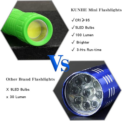 KunHe 5 Pack Plastic Small Mini LED Flashlight COB Flashlights for Kids 100 Lumen with Batteries High CRI for Bright Flash Light Party Favors Christmas Gifts Stocking Stuffers