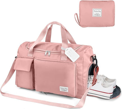 Travel Duffel Bag, Foldable Gym Bag with Luggage Tag, Large Capacity Weekend Overnight Bags with Wet and Dry Separation Bag, Waterproof Sports Tote Bag, for Travel, Sports, Gym (Pink)