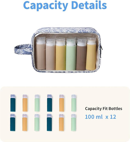 Narwey Clear Makeup Bag Cosmetic Bag with Zipper for Travel, Clear Toiletry Bags for Traveling Toiletries Women Men, Make Up Pouch with Handle, Skincare Bag (Blue Leaf)