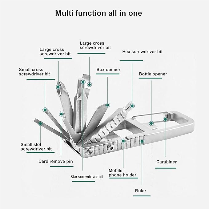 12 in 1 Multitool Slot Hex Star Screwdriver Bit Box Bottle Opener Card Remover Stainless Steel Folding Multi Tool, Portable Keychain Attachment, Home and Outdoor Use