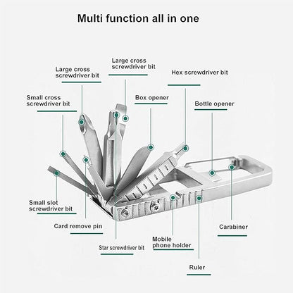 12 in 1 Multitool Slot Hex Star Screwdriver Bit Box Bottle Opener Card Remover Stainless Steel Folding Multi Tool, Portable Keychain Attachment, Home and Outdoor Use