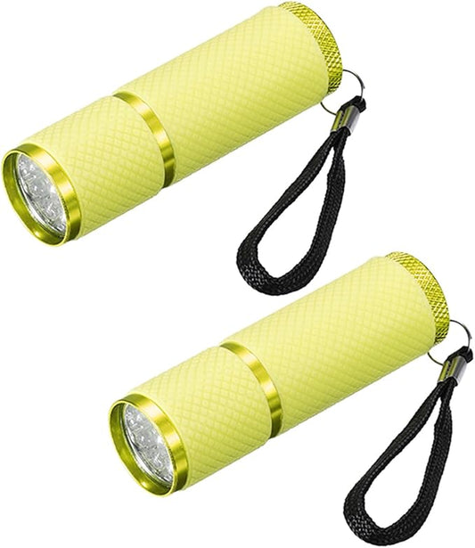 PATIKIL 9 LED Glow in Dark Flashlights, 2 Pcs Mini Aluminum Flashlight Rubber Coated Flashlight with Strap for Camping, Hiking, Party, Yellow