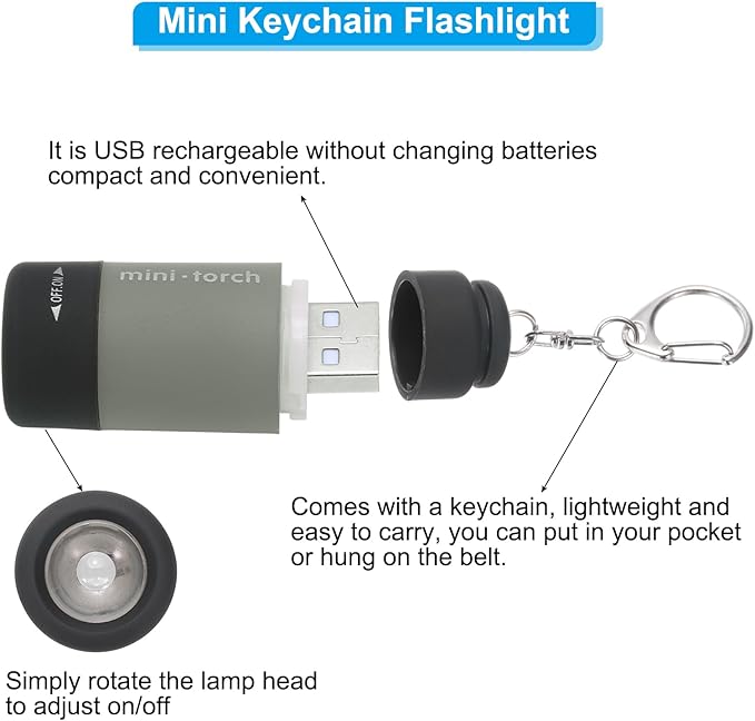 PATIKIL Mini Keychain Flashlight, Pocket LED Flashlight Portable Torch USB Rechargeable for Outdoor Camping Party, Grey