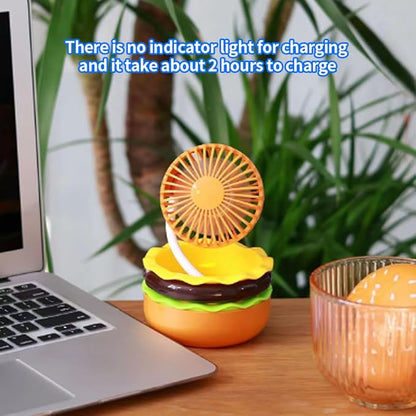 Rechargeable Hamburger Mini Fan, Creative Cute Toy Fan with Mirror, 3-Speed Mode, Small Gift for Family and Friends in Summer.