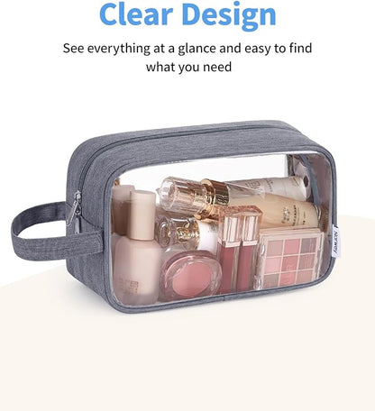 Narwey Clear Travel Toiletry Bags for Traveling Toiletries Men Women, Clear Makeup Bag Cosmetic Bag with Zipper, Make Up Pouch Organizer Bags with Handle, Skincare Bag (Grey)